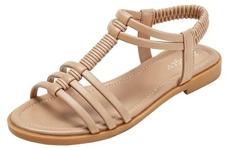 Spartiate Femmes Sandales Gladiateur Plat Été Élégance Confortables Romaines Bout Ouvert Plage Vacances Sandale Taille 35-42 EU (36,Beige)