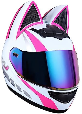 Kcolic Motorradhelm Für Mädchen Und Damen, Katzenohren-Helm, ECE-Zertifizierter Integral-Motorradhelm, Vier-Jahreszeiten-Helme Mit Sonnenblende Für Straßenradrennen, Motocross D,S=50-53CM