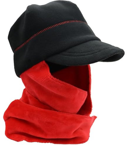 Huakunda Damen Wintermütze und Schal Langer Kapuzen-Schal Mützen Fleecefutter mit Visier für Outdoor Snowboard Radfahren (Schwarz-Rot)
