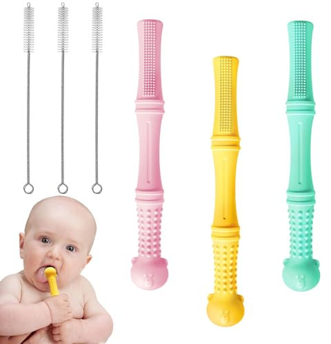 NICEIN®3pcs Beißröhrchen Zahnungshilfe,mit 3pcs Reinigungsbürsten | Bpa-Frei Silikon Beißring Baby,Beissring Baby,Beissröhrchen Babys,für 6-12 Monate Sensorisches Kauen Molar Spielzeug (3pcs)