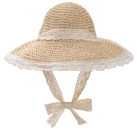 ZLLkeji Sonnenhut Damen Strandhut Faltbar mit Seil Uv-Schutz Einstellbar Sommerhut UPF 50+ Breitkrempiger Strohhut Aus Spitze für Reise Urlaub Beige