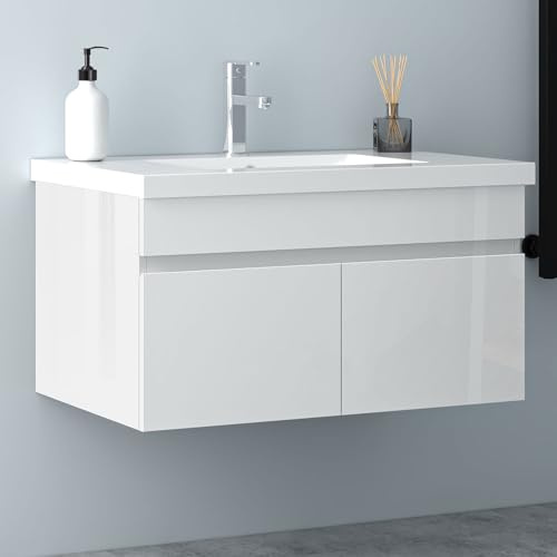 Biubiubath Badezimmer Badmöbel 80cm Mineralguss Waschtisch mit Unterschrank Hängeschrank Hochglanz Weiß Badezimmerschränke Badschrank mit 2 Soft-Close Türen
