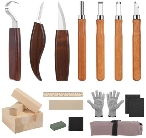 DBREAKS Kit Intaglio Legno 24 PCS, Sgorbie per Legno, Strumenti per Lavorare il Legno Per Legno Fai Da Te, Coltello Intaglio Legno per Principianti e Professionisti, con Guanti Resistenti al Taglio