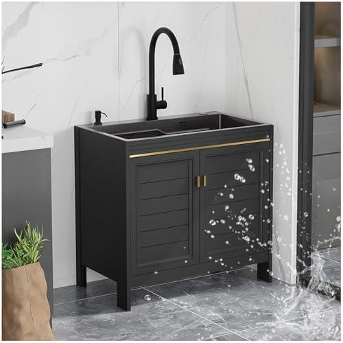 Spülbecken, Küchenspüle Mit Unterschrank, Freistehende Edelstahl Spültisch Spülbecken Küchenspüle Schwarz, Küchenspüle Mit Wasserhahn Für Waschküche, Garten, Garage(75cm)