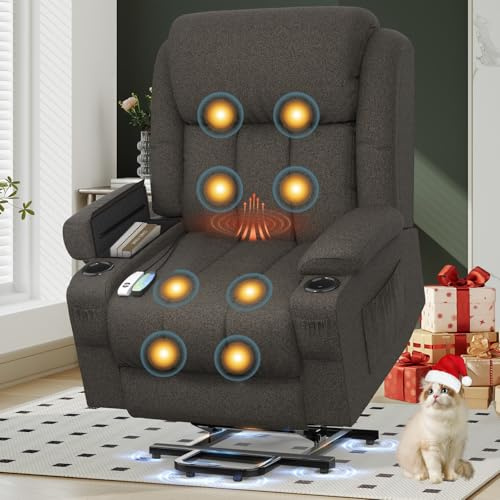 YONISEE Lift Chair Recliners for Elderly, Recliner Chair with Massage & Heat, Extended Footrest, Riser Reclining Chair with Type C+USB, 2 Cup Holders & 4 Side Pockets, 2 Hidden Armrest Storage