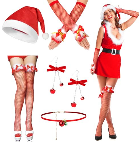 Beipegin Accesorios de Disfraz Navidad Mujer, Gorro, Medias, Guantes de Rejilla, Collar, Pendientes - Disfraz Mama Noel Sexy