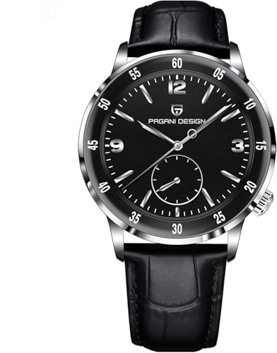 SUZAKU Herrenuhr Mechanisches Uhrwerk Lederarmband Mode Business Edelstahl 42 MM Sportuhr 100 M Wasserdicht (Silber Schwarz)