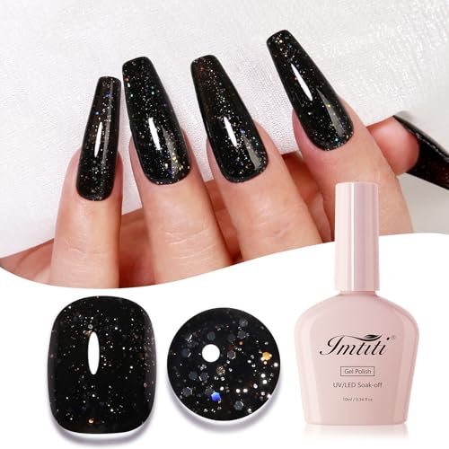 Imtiti Black Iridescent Diamond Gel Nail Polish - UV LED Soak-Off Shimmer Sparkle for Autumn Winter Manicure - 10ml