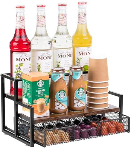 Wetheny Coffee Syrup Organizer for Coffee Bar, 3-Tier Metal Station with K Cup Storage Basket for Countertop, Coffee Pod Organizer Accessories