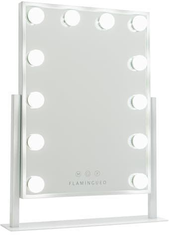 Flamingueo Espejo Maquillaje con Luz - 12 LED - 3 Modos de Luz - Intensidad Ajustable - Control Táctil - Posición Regulable - Vanity Mirror - Blanco - 36,5x7,5x47,5cm