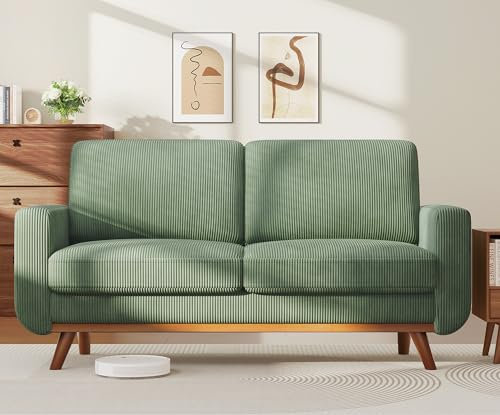 Grünes Cord-Sofa mit Federkissen, 2-Sitzer, Massivholz-Couch für Schlafzimmer, Wohnzimmer oder Büro