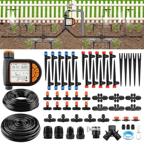 207FT Automatic Drip Irrigation Kit with Water Timer, Kalolary 1/4 1/2 Adjustable Garden Watering System with 4/7mm 16mm Tubing Micro Drip Automatic Irrigation System for Greenhouse Raised Beds Lawn