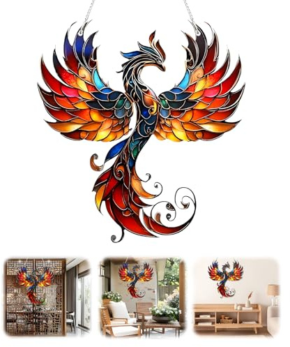 Phoenix Suncatcher - Stained Glass Effect Window Hanging - Oriental Bird Acrylic Ornament - Colourful Rainbow Maker Sun Catchers for Windows Indoor Outdoor Garden - Unique Chinese Art Home Decor Gift