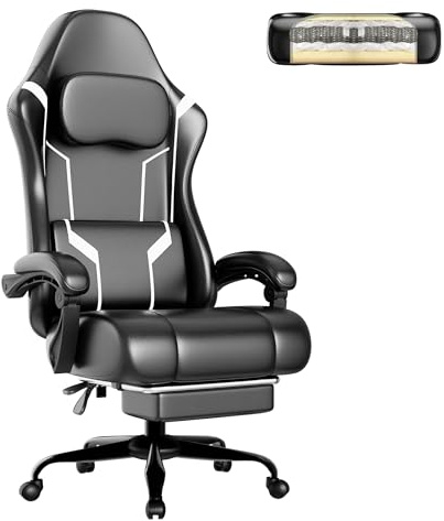 HOTOSYCH Sillas Gaming con Reposapies, Silla Gamer Adulto con Respaldo Lumbar, Silla Escritorio Gaming Ajustable en Altura, Silla Ordenador en Piel Sintética (Blanco)
