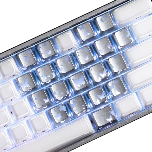 HITIME XVX Butterfly Shine Through Keycaps, Love Theme Cute Custom Keycaps, Blank OEM Profile IMD Translucent Keycap, Anime Style, for MX Switches Mechanical Keyboard, Silver（Only 21 Keys