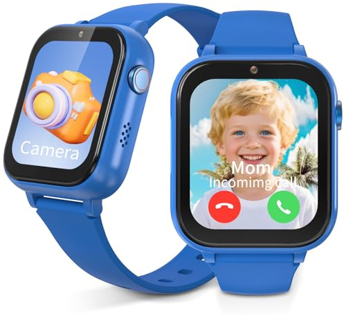 uleway Montre Connectée Enfants, 4G Montre Téléphone Enfant avec Appel, Écran Tactile 1,83 Pouces, Appareil Photo, Jeux de Réflexion, Réveil, Chronomètre, Étanche pour Garçons et Filles, Bleu
