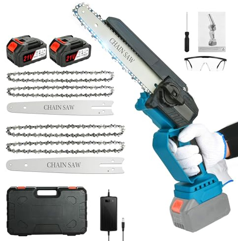Mini tronçonneuses avec batterie Scie d'élagage électrique : tronçonneuse à main sans fil de 6 et 8 pouces avec 2 batteries 3000 mAh, 4 chaînes pour la coupe du bois