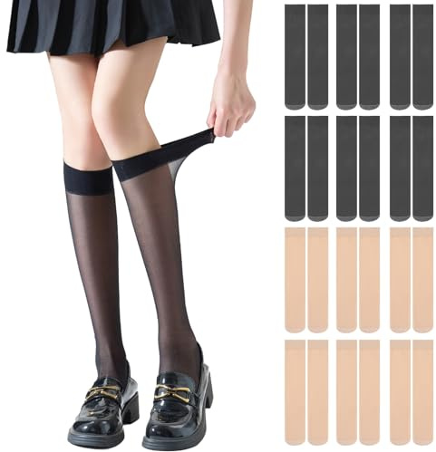 MLPKOI 12 Paia Gambaletti Donna Velati, Gambaletti 0 DEN Senza Pressione Leggeri e Confortevoli Calzini Lunghi Velati Transparenti per Ragazza Scuola Cosplay Calze Uniformi Taglia Unica Carne e Nero