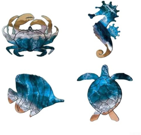 UrbanHui 4pcs Metal Sea Animal Wall Art Decoration Turtle Crab Seahorse Fish Marine Life Decor for Home Garden Bathroom
