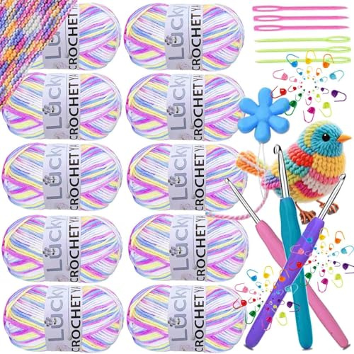 10 Stück Farbe Acryl Wolle zum Häkeln,500g Häkelgarn Bunt Farbverlauf, Acrylgarn zum Stricken, Weiches Mehrfarbiges Garn zum Stricken, Häkeln und DIY Kunsthandwerk (Lila Weiß Verlauf)