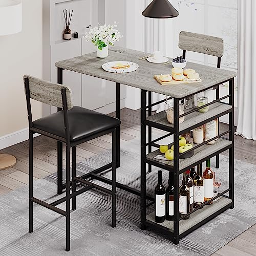 PortoAlegre Hochbartisch-Set 3-Teilig 1 Tisch + 2 Gepolsterte Stühle – Kompaktes Küchentisch-Set Mit 3 Ablagefächern, Platzsparend, Metall & MDF, Ideal Für Küche, Bar, Frühstücksecke, Grau