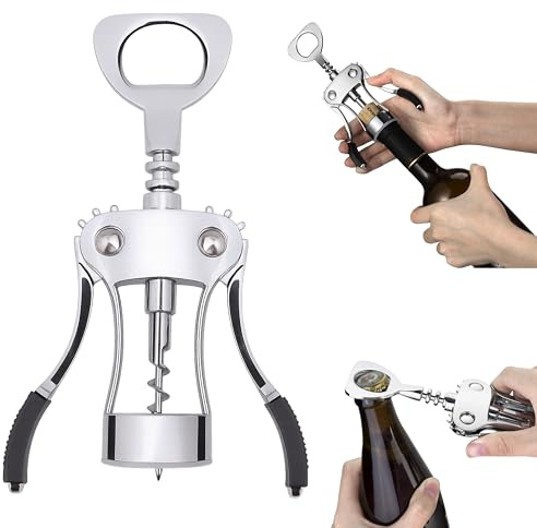 Premium Zinc Alloy Wine Bottle Opener | Wing Corkscrew with Built-in Bottle Opener, Durable Wine & Beer Opener for Corks and Caps – Easy Grip & Heavy Duty