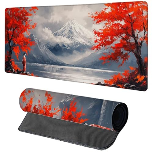 Tapis de Souris Rouge Tapis Souris XXL 800x300x3mm, Gamer Mouse Pad Mont Fuji avec Coutures sur Les Bords, Antidérapant Étanche Grand sous Main Bureau Gamer pour PC Gaming Accessoire, Cadeau 9-1200