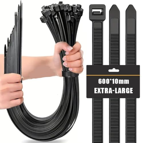 Caiery Extra Large Cable Ties 10mm X600mm (1cm x 60cm), Tensile Strength with 160 lbs,Heavy Duty Tie Wraps, Premium Zip Ties, Nylon Cable Zip Ties, Black, 50 PCS,23.6 inch x0.4 inch