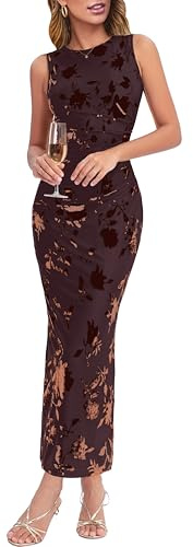 Esooland Women's Summer Spring Cocktail Formal Wedding Guest Dress Sleeveless Slim Fit Floral Mesh Party Long Dresses, Coffee, Small