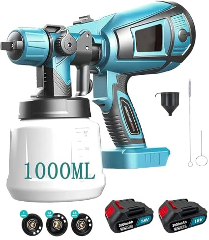 Akku Farbsprühsystem - 1000ML HVLP Farbsprühgerät Wandfarbe, 3 Kupferdüsen /3 Sprühmuster Neu Lackierpistole Elektrisch für den Innen- und Außenbereich，für Zuhause DIY Malere（mit 2 * 3000mAh Akku）