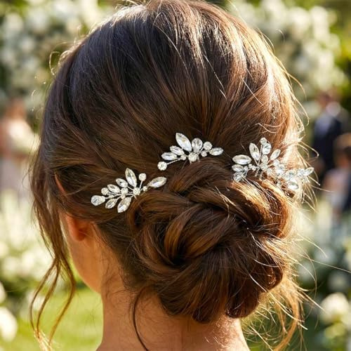 HEREAD Rhinestone Bride Wedding Hair Pins Silver Crystal Bridal Hair Piece Hair Accessories for Women (Pack of 3) (Silver)