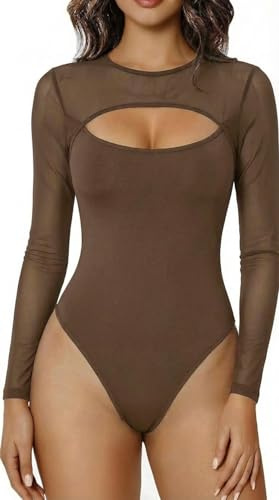 Sukiglam Body Mujer Manga Larga Cuello Alto Sexy Bodis de Malla Transparente con Cut Out Elegante Bodysuit Tops Casual Mono Camiseta Básico Jumpsuit Blusa Ajustado Body Vestir de Fiesta Clubwear
