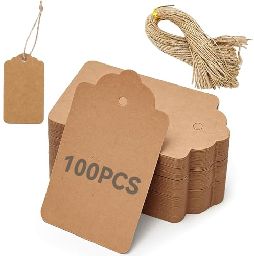 Zephyra 100 Stück Geschenkanhänger, 4 × 7 cm Papier Etiketten mit Juteschnur, Anhänger zum Beschriften für Hochzeit, Geburtstag, Geschenke, DIY Basteln (Kraftpapier)