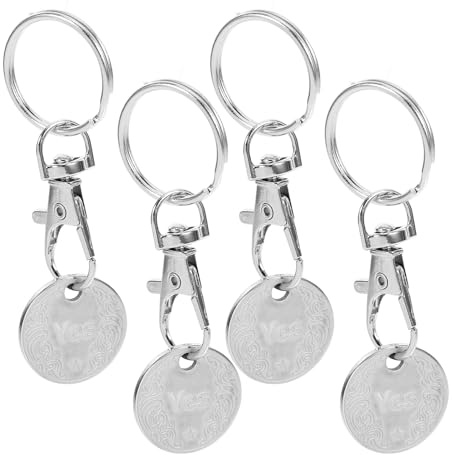 Toyvian 4 Pcs Stainless Steel Shopping Trolley Token Key Rings, Metal Keychain Set for Supermarket Cart Accessory, White Coin Holder for Grocery Shopping