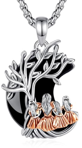 INFUSEU Collana Albero della Vita Mezzaluna in Ossidiana Regalo per Mamma con Tre Figlie Gioiello di Famiglia Cuore e Famiglia