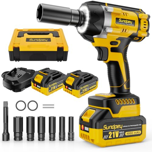Sundpey 2-in-1 Brushless 700N·m Cordless Impact Driver Set with Carry Case | 2x4.0Ah Battery & Charger & 6 Sockets & Extension Bar, LED Ring Light & 3 Speeds & RSS Mode, for Car Tyre Nut Repair DIY Task