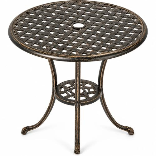 GarveeMore Gartentisch rund Ø 60 cm aus Gussaluminium mit 5 cm Schirmloch | Wetterfest und rostfrei | Stabiles Dreibein-Gestell | Für Balkon, Terrasse und Garten | Farbe: Antik-Bronze