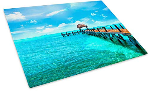 Blue Teal Beach Hut Retro Glass Chopping Board Kitchen Worktop Saver Protector
