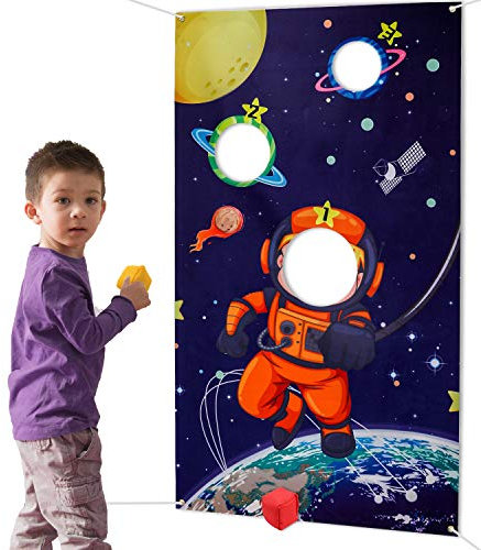 HOWAF Weltraum Sonnensystem Wurfspiele Set für Kinder, Astronaut Hängend Werfen Spiel mit 3 Sitzsäcken für Draußen Drinnen Erwachsene Kinder Party Spiele Aktivitäten Zubehör Dekoration