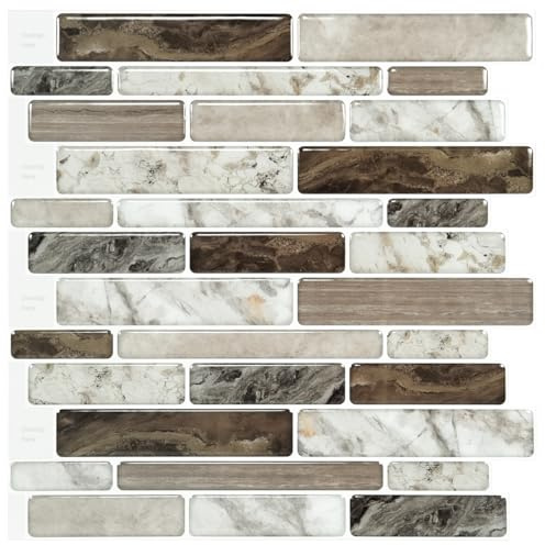 LONGKING 10 Stück Fliesenaufkleber, 3D Fliesen, Braun, 30x30cm | Selbstklebend Vinylfliesen Self-Adhesive Backsplash Küche und Bad