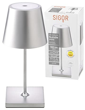 SIGOR Nuindie 1.0 mini - Dimmbare kleine LED Akku-Tischlampe Indoor & Outdoor, IP54 spritzwassergeschützt, Höhe 25 cm, aufladbar mit Easy Connect, 12 h Leuchtdauer, silberfarben