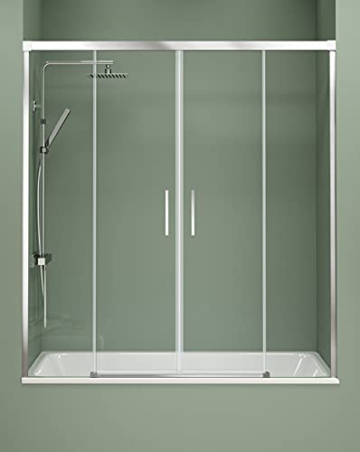 Mampara Bañera Frontal Corredera | Frente de Bañera de 2 Fijos + 2 Puertas Correderas Apertura Central | Cristal templado de 6mm ANTICAL | Altura 150cm | Transparente 145 cm (Adaptable 139-144cm)