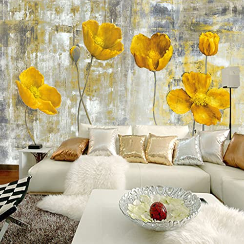 KEYESMINER Vlies Fototapete Gelbe handgemalte Mohnblumen 3D Effekt Vlies Tapeten Wandtapete XXL Moderne Wanddeko Wohnzimmer Schlafzimmer Büro Flur 350 cm B x256 cm H