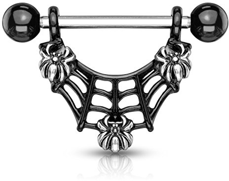 beyoutifulthings Brustwarzen-piercing Spinnen-Netz Schwarz Silber Brust-piercing Nippel-piercing Intim-piercing Chirurgenstahl Stab 14-mm