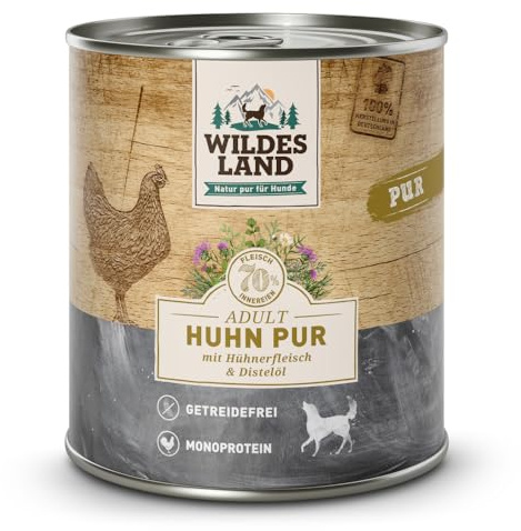 WILDES LAND – Huhn | Nassfutter mit extra hohem Fleischanteil und natürlichen Zutaten für ausgewachsene Hunde. Getreidefreies Alleinfutter ohne Zusatzstoffe in der Dose | 6x400g Huhn