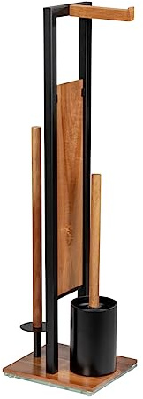 WENKO Stand WC-Garnitur Mod. Rivalta aus schwarz lackiertem Stahl und Akazienholz mit WC-Bürste und Toilettenpapierhalter Maße 18 x 70 x 23 cm Braun