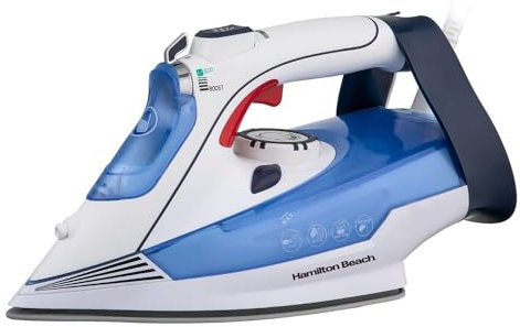 Hamilton Beach Steam Iron, 3000W, SteamMax Pro, Non-Stick Ceramic Soleplate, Dry or Steam Ironing, Spritz Function, Crease Removal, Vertical Steam, Easy Fill Tank, Self Cleaning, White/Blue - HB608WB