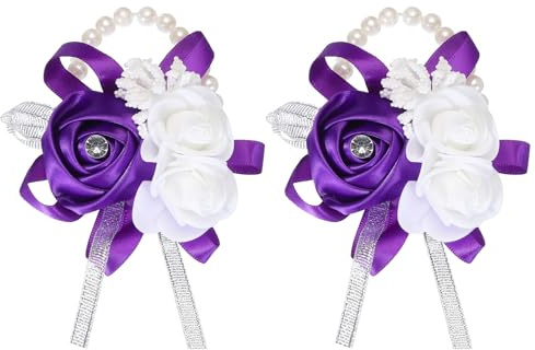 sourcing map Pack von 2 Handgelenk Korsage Kunstblume Armbänder Lila | Rose Handgelenk Braut Bräutigam Dekorativ, Für Hochzeit Zeremonie Prom Party Jahrestag