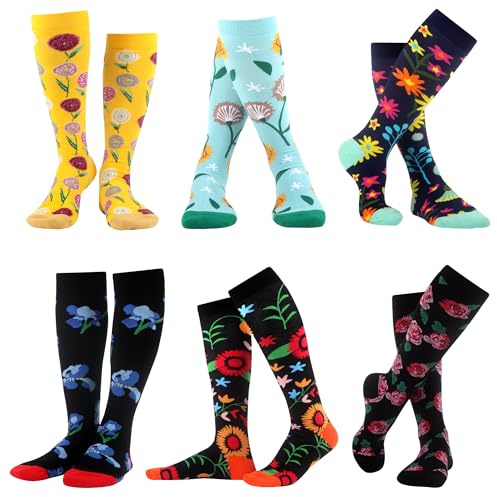 WeciBor Women's Funny Colorful Combed Cotton Knee-High Socks 6 Pairs, Size 6-9