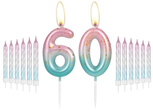 i-QiQi 60th Birthday Candles Pink to Blue Gradient Candle with 12Pcs Gradient Spiral Candle for Number 60 Cake Candles for Happy 60 Cake Toppers Birthday Party Wedding Anniversary Decorations